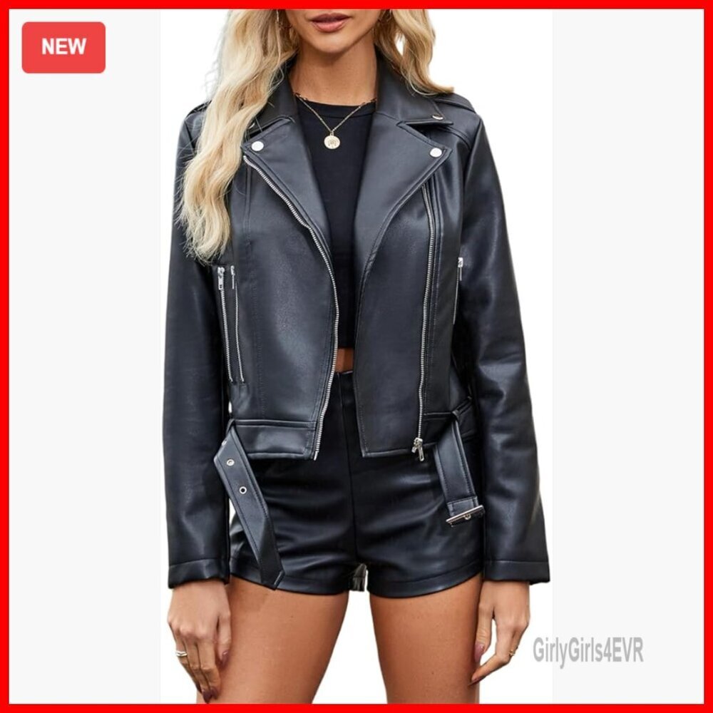 Oversized Faux Leather Motorcycle Jacket with Belt, Fall Winter Coat